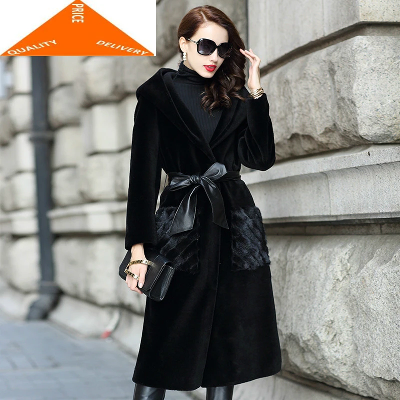 Женская шерстяная куртка с капюшоном из натуральной овечьей шерсти карманами