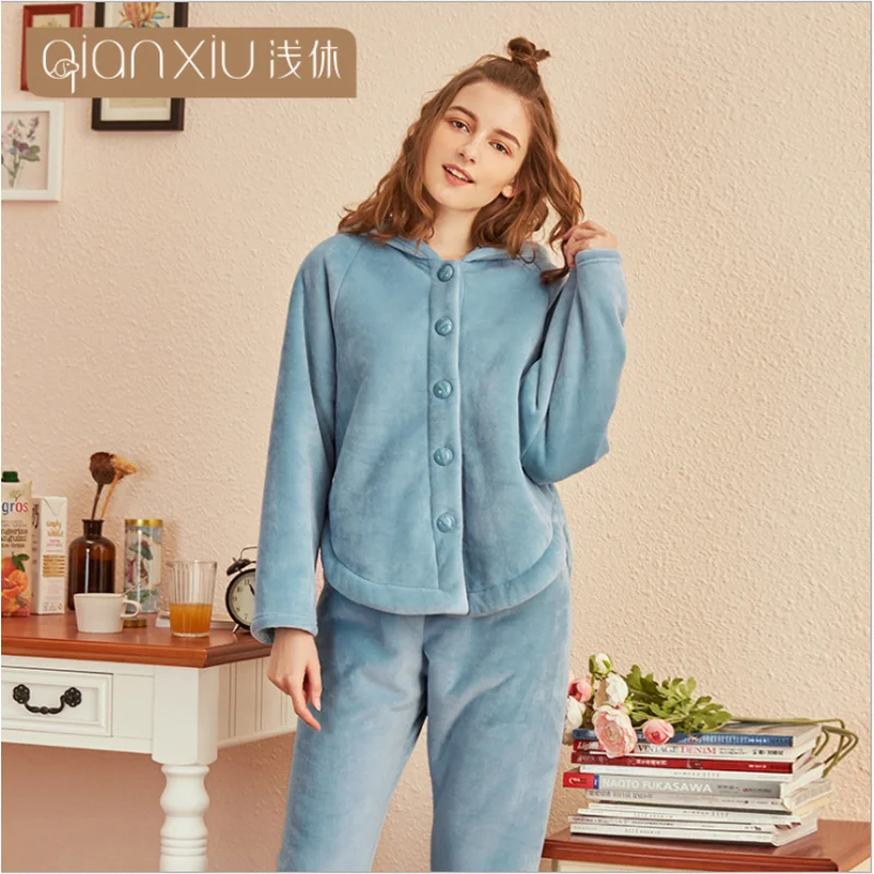 Winter Women Causal Loosen Pajama sets Female Thick Warm Lambs Sleepwear suit Long Sleeve Hoodie collar Coat &amp Pants | Женская одежда