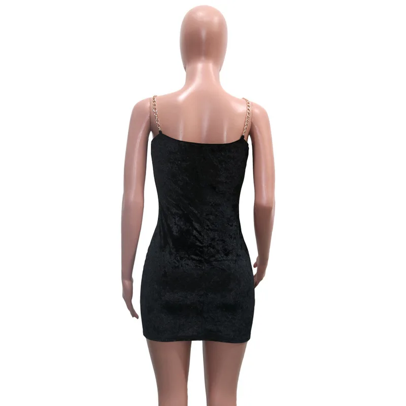 

Sexy Chain Straped Velvet Dress Women Deep V Neck Backless Wrap Mini Dress Elegant Ladies Sleeveless High Waist Solid Club Dress