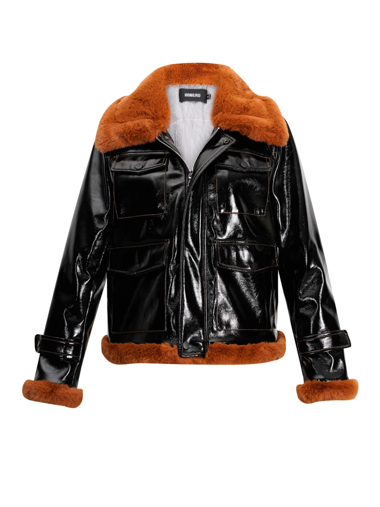 

2020 PU Leather Jakcet Women Winter Leather Lapel Thickening Warm Fur Collar Faux Sheepskin Coat Trench Coat for Women