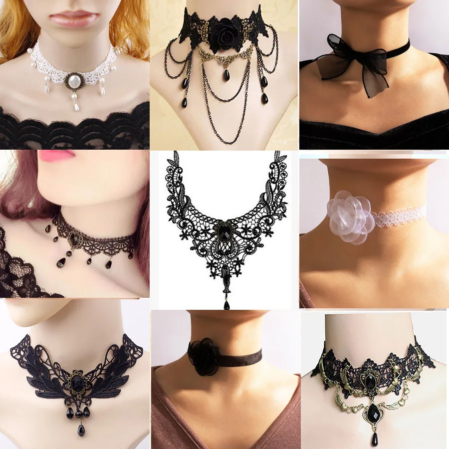 Collares Sexy Gothic Chokers Crystal Black Lace Neck Necklace Vintage Heart Pendant Women Chocker Steampunk Jewelry чокер