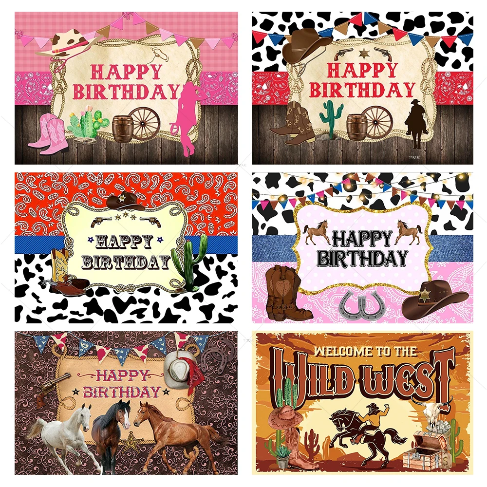 

Wild West Cowboy Backdrop Kids Happy Birthday Western Cowboy Boys Girls Party Photo Background for Party Decorations Photoshoot