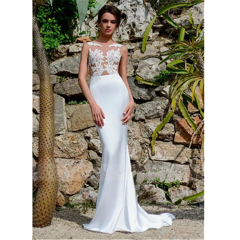 

Sheer Neck Mermaid Wedding Dresses Lace Appliques Boho Satin Bridal Gown Sleeveless Robe De Mariee