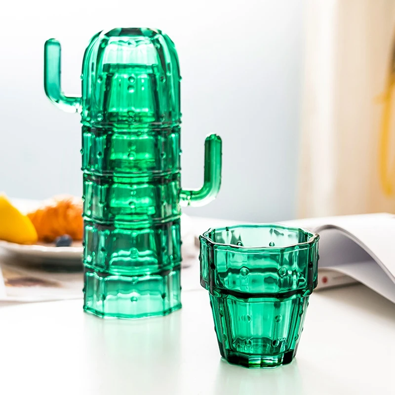 Promotion! Cactus Stacking Glass Cup Set Green Glasses Juice Coffee Mugs Tea 6 Pcs/Set Water Cups Gift for Drinking Suit