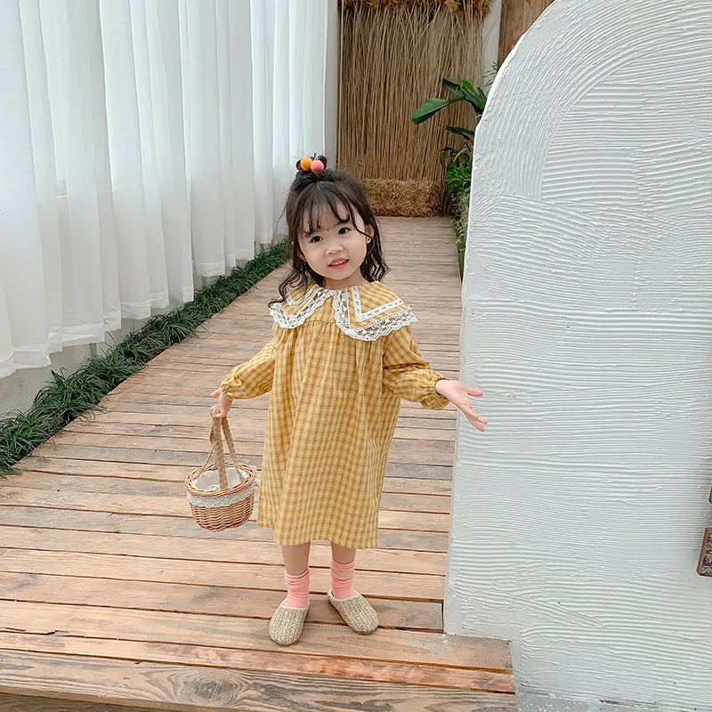 Baby Girls Plaid Dress Korean Style Autumn New Chic Children Princess Dresses Lace Collar Robe Toddlers Kids Clothes