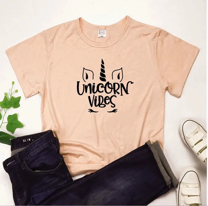 

100% Cotton Women T Shirt UNICORN VIBES Printed Tshirt Ladies Short Sleeve Tee Shirt Women Female Tops Clothes Camisetas Mujer
