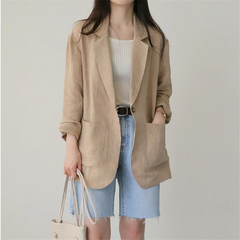 

Cotton Linen Blazer Women 2021 New Arrival Ropa Mujer Solid Color Single Button Long Sleeve Jackets Casual All-match