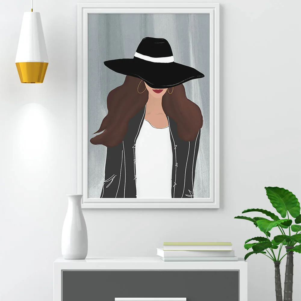 

Nordic Figure Canvas Painting Fashion Hat Girl Abstract Posters Wall Art Nordic Kids Bedroom Wall Decor Home Decoration Pictures