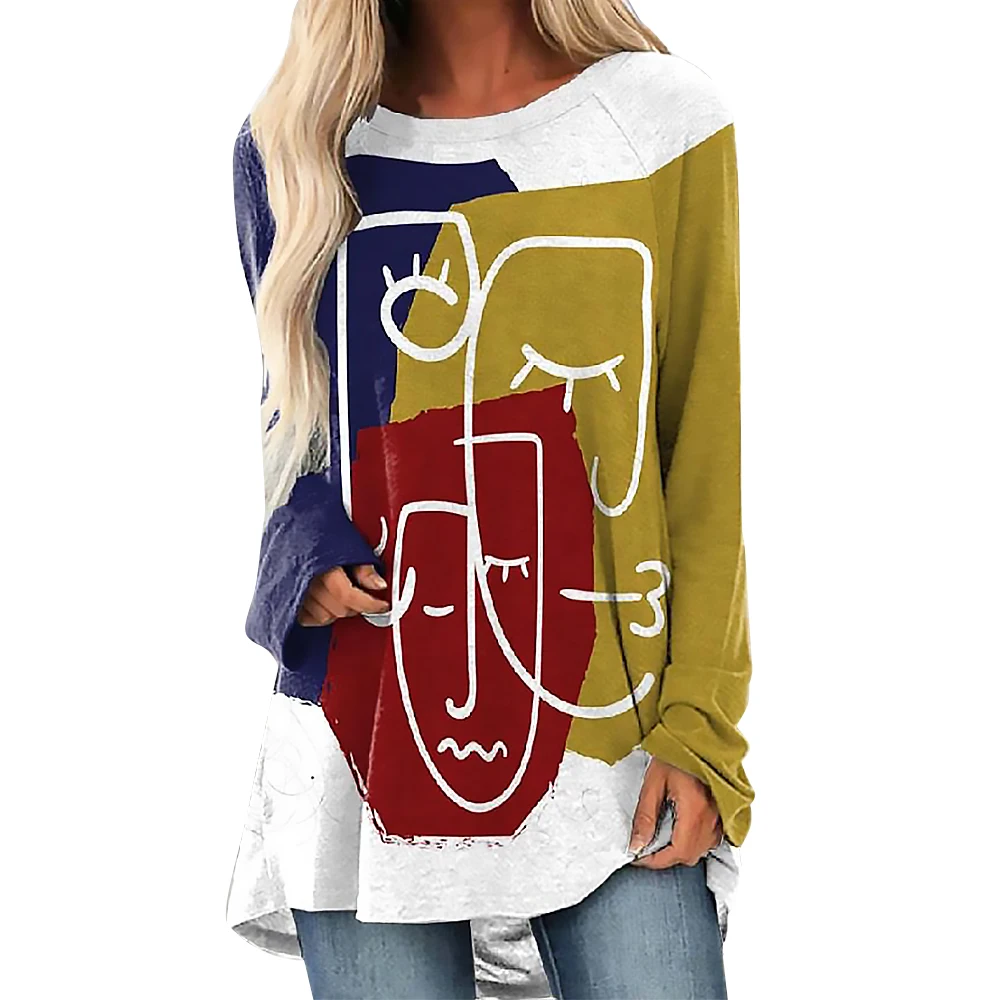 

Women Vintage Abstract Print Loose Tops 2021 Autumn Casual Long Sleeve Shirts Round Neck Ladies Streetwear Tee T Shirt Pullover