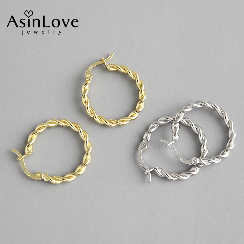 

AsinLove Elegant Round Twist Hoop Earrings Real 925 Sterling Silver Earrings for Women Creative Handmade Fashion Fine Jewelry