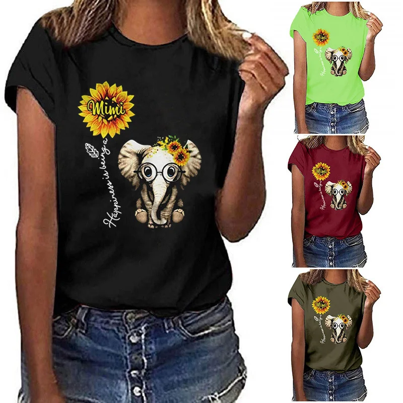 

Relaxed round neck and creative elephant short sleeve T-shirt