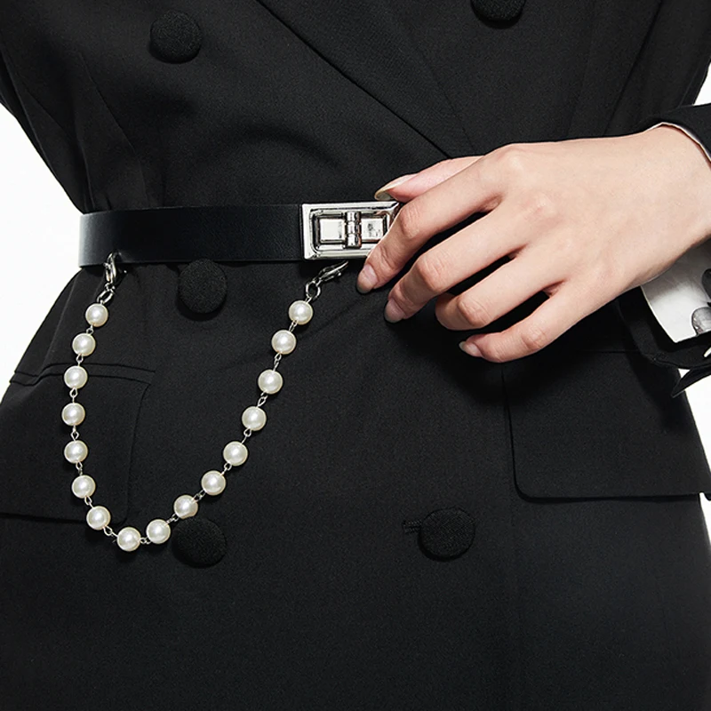 

Luxury Brand Pearl Chain Belt Women's New Design Pu Leather Belt Thin Fashion Belt For Coat Sweather Dress Black