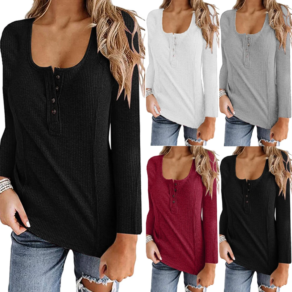 

Womens baisc tops solid color Long Sleeve U-Neck T-shirt Casual Solid Slim Fit Button buttonsTee Tops fashion bottoming