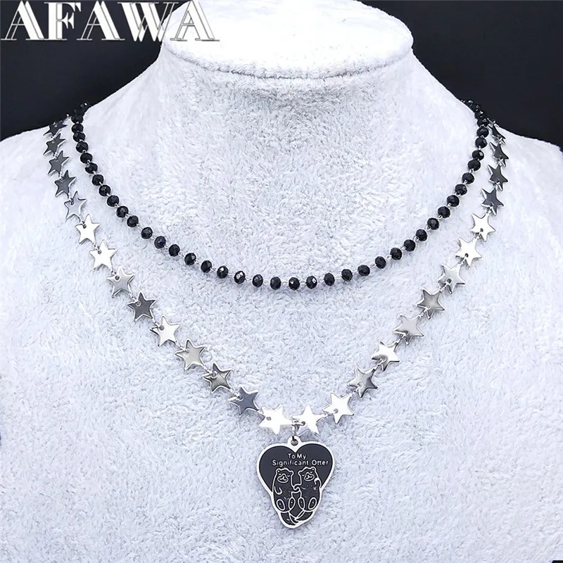 

Love Heart Two Beavers Animal Stainless Steel Crystal Bead Layered Chain Necklaces Jewelry bijoux inoxydable femme NXS02