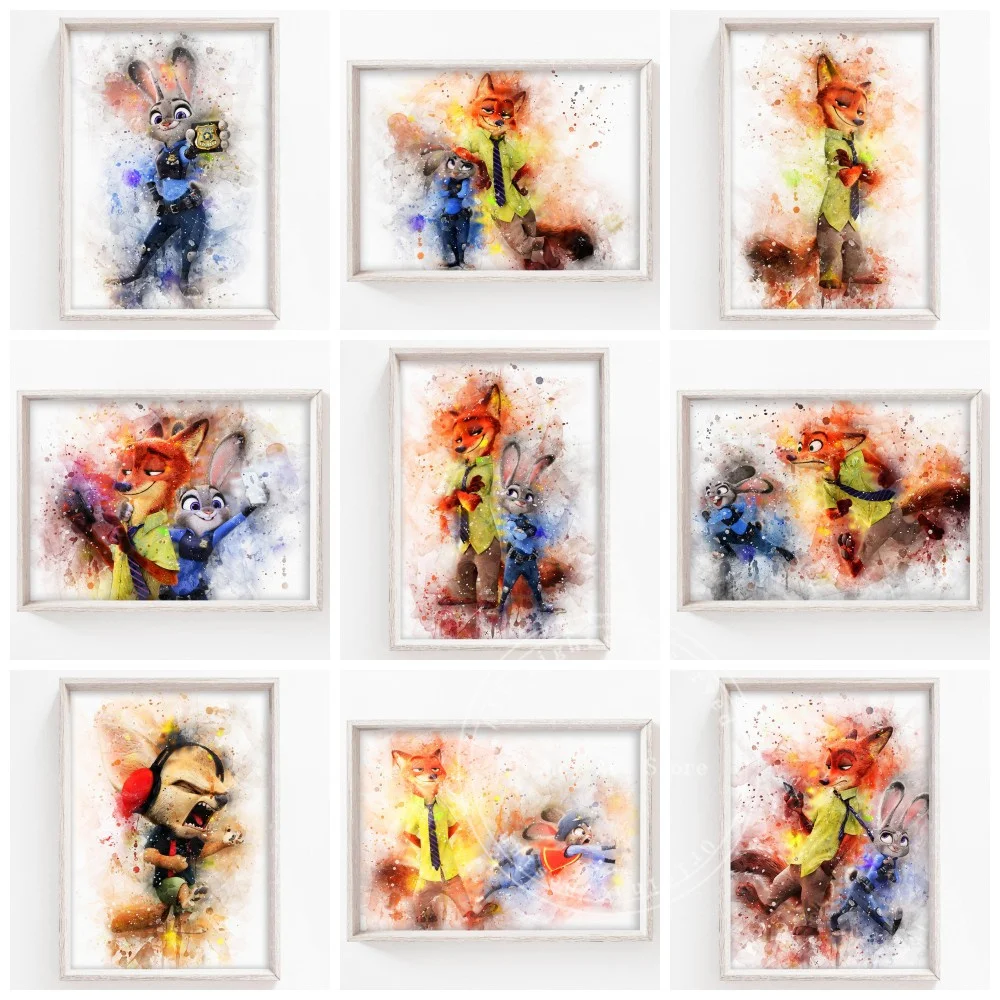 Disney Джуди И Ник холст картины акварель зверополис плакат и печать Настенная