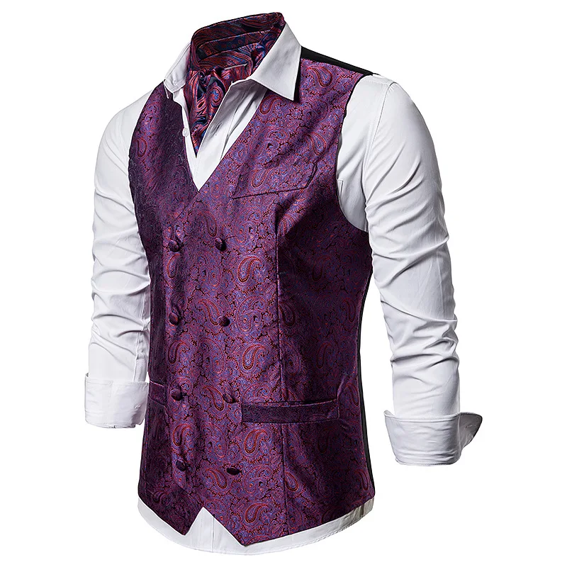 

Mens Double Breasted Waistcoat New Casual Social Business Slim Fit Men Formal Dress Suit Vests Paisley Gilet Homme Costume