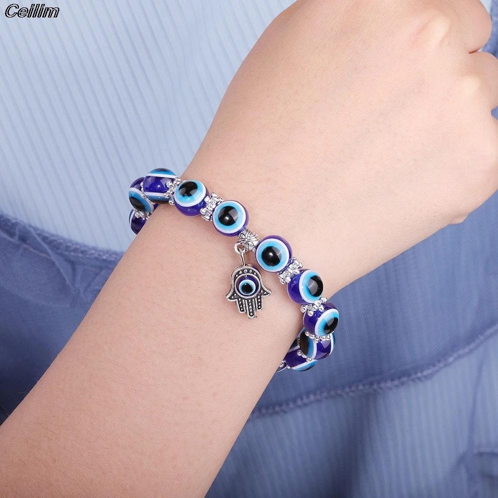 

1pcs Evil Turkish Lucky Blue Eye Hamsa Hand Fatima Palm Bracelets For Women Bead Charm Bracelet Handmade Jewelry Dropship