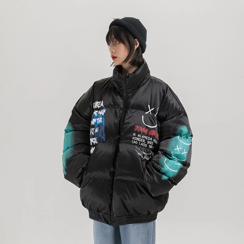 

Hip Hop Streetwear Graffiti Print Puffer Cotton Padded Parkas Men Casual Thick Warm Jackets Coats Unisex Hipster Winter Overcoat