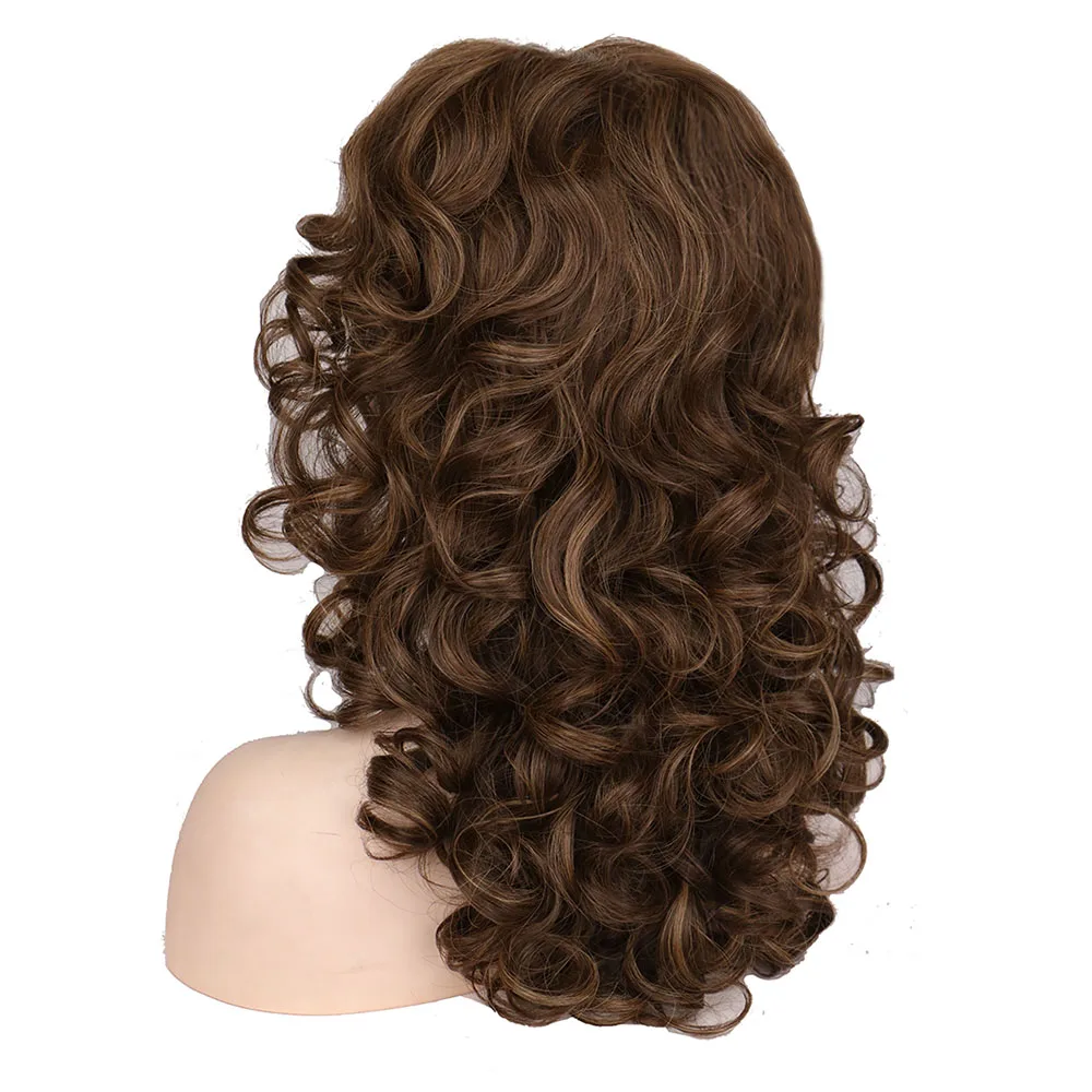 WHIMSICAL W Synthetic Long Black Brown Gloden Wavy Wig with Neat bangs Hair Highlights Cosplay Heat Resistant Wigs for Women