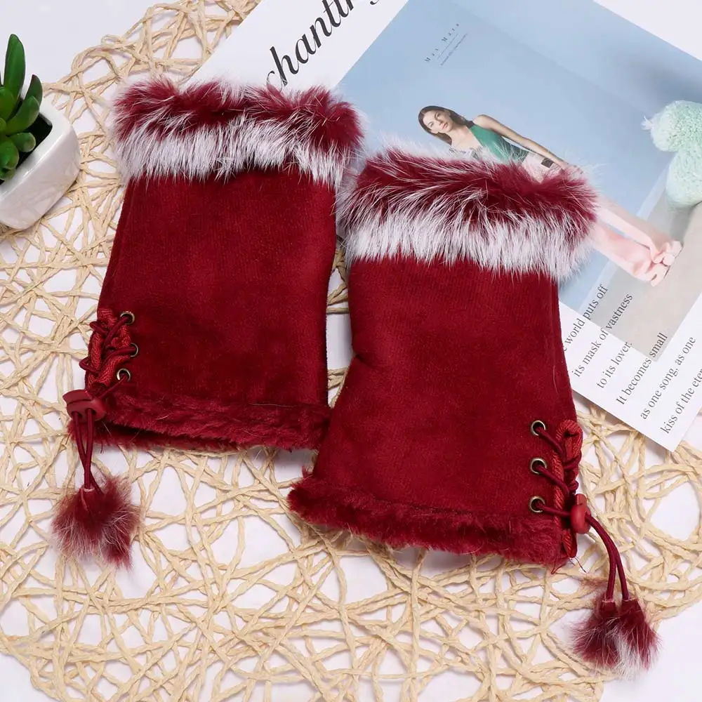 Новые теплые зимние женские кожаные перчатки без пальцев с кроличьим мехом