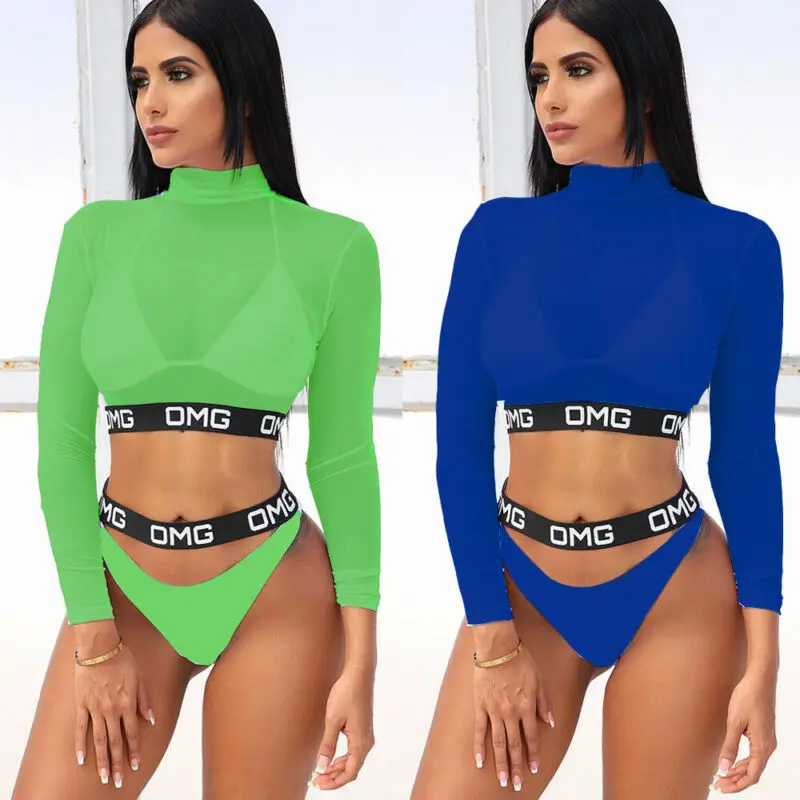 Комплект бикини женский из 3 предметов с длинным рукавом и сетчатым