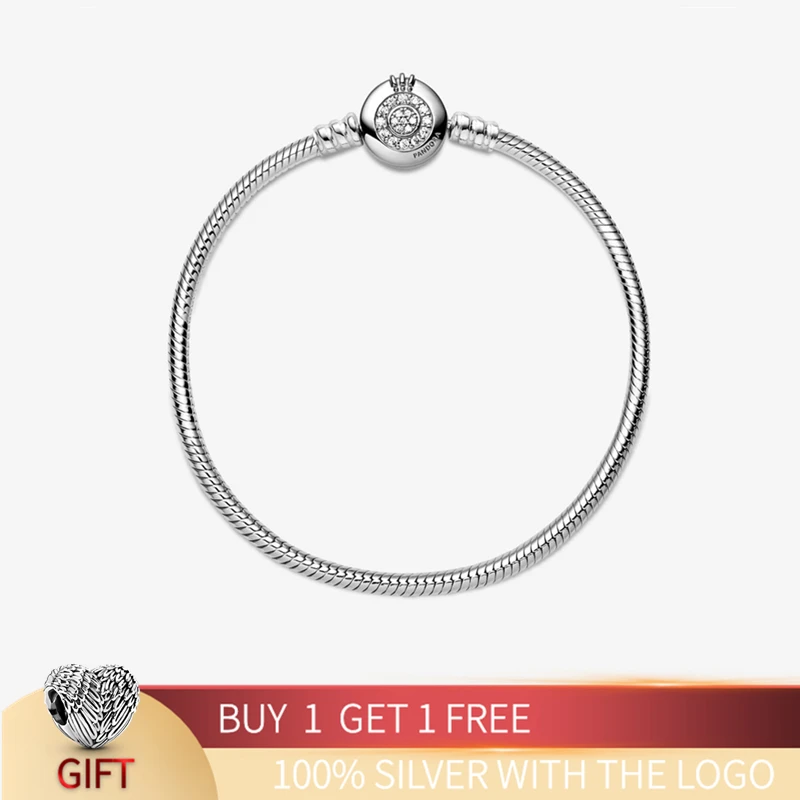 

HOT Original 925 Sterling Silver Snake Chain Bracelet Charm Shining Crystal Crown O Fit 2021 Pand Bangle Beads Femmel Jewelry