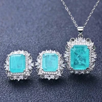 exquisite square lake green paraiba tourmaline jewelry sets silver color pendant necklaces earring for women wedding accessories