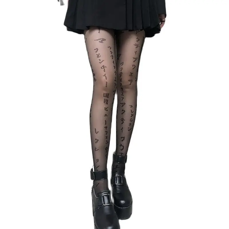 

Harajuku Gothic Japanese Letter Print Sexy Lolita Lace Stockings Women Punk Plus Size Mesh FishNet Tattoo Patterned Tights