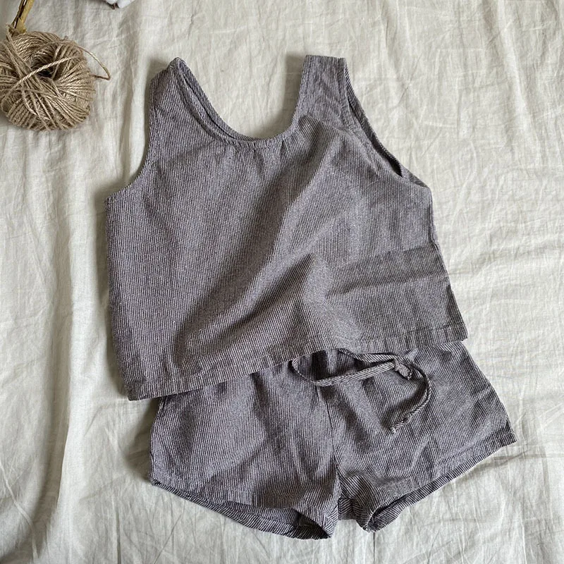 

Summer Korean Style Boys and Girls Vest Suit Children Baby Cotton Linen Blype Vest Shorts Set Western Style