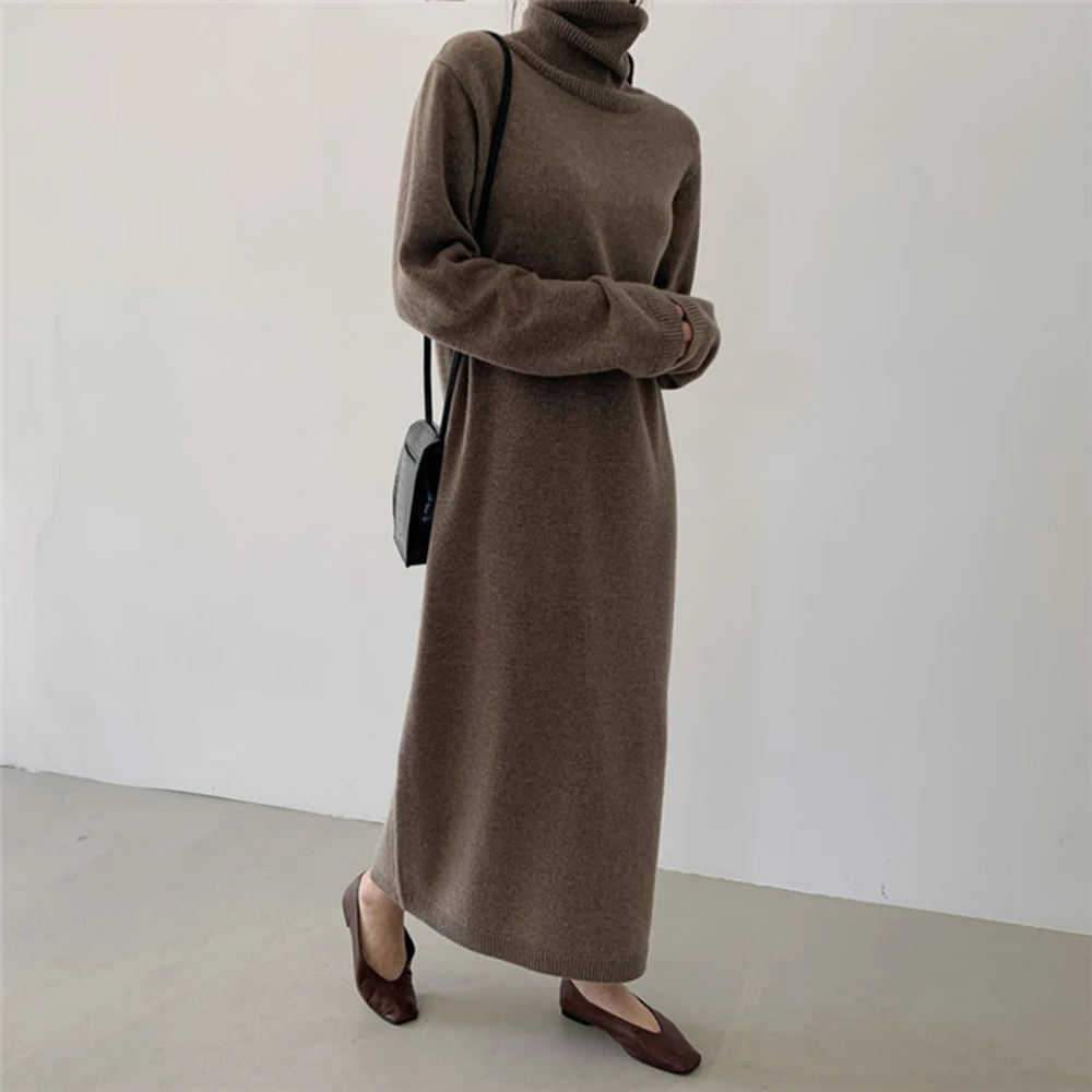 

2021 Autumn Winter Turtleneck Knitting Dress Solid Color Loose Casual Long Sleeve Korean Fashion Temperament Long Dress