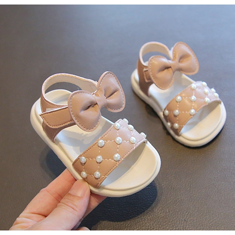 

12-15.5cm Brand Girls Sandals Baby Girls Bowtie Shoes For Summer Toddler Girl Cute Pearl Solid Soft Beach Sandal For 0-3Y Kid