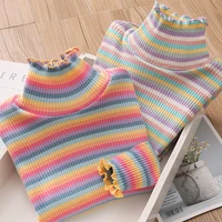 2022 spring autumn 2 10 12 years childrens sweet long sleeve colorful striped high neck basic turtleneck t shirt for kids girls