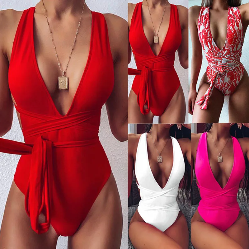 

Сексуальный слитный купальник с глубоким V-образным вырезом, Женский облегающий пляжный костюм на запястье, купальный костюм, лето 2021, женск...