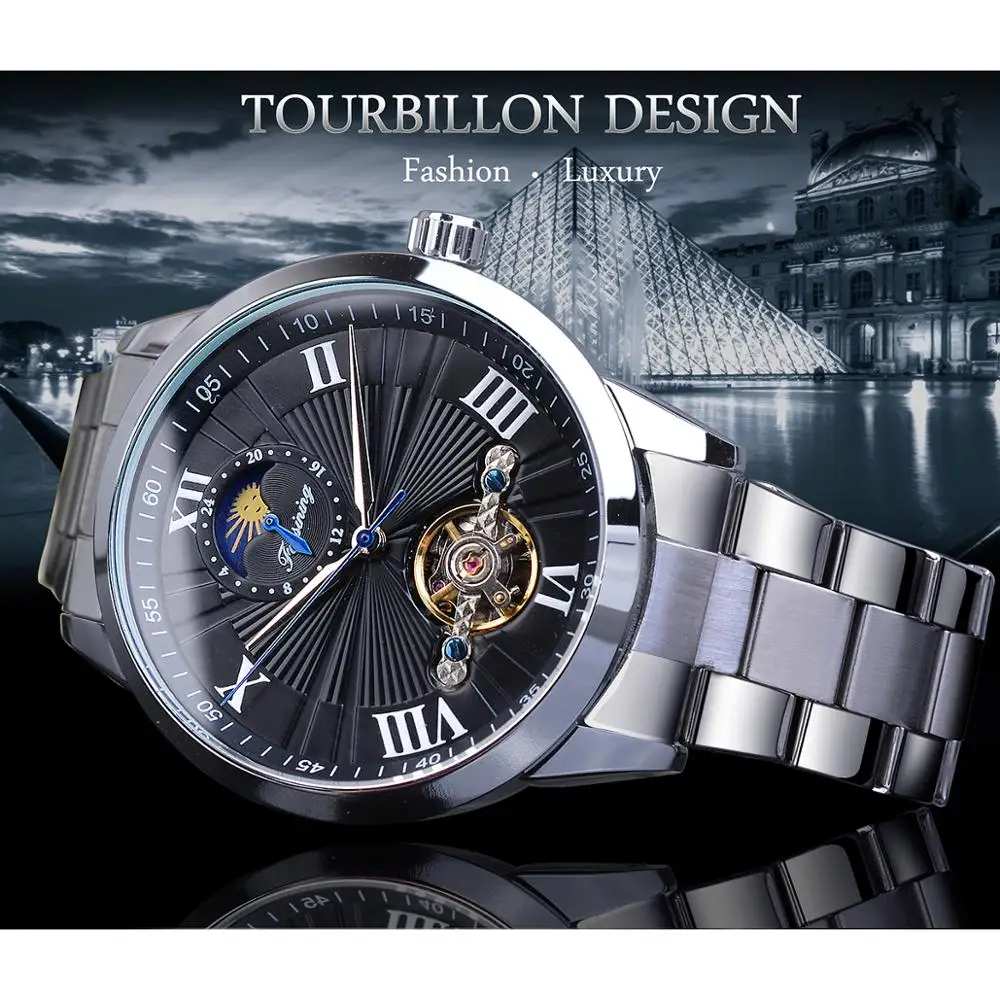 Forsining классические мужские Tourbillon механические часы модный бренд черный Moonphase бизнес стальной ремешок автоматические часы Reloj Hombre