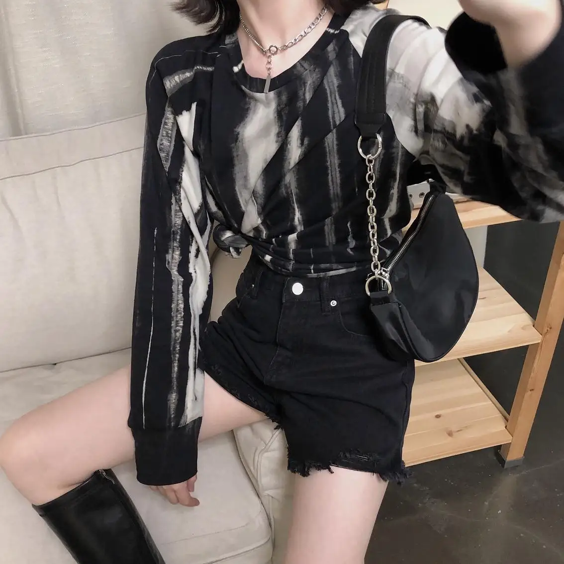 

Женская футболка с круглым вырезом, свободная повседневная хлопковая футболка с длинным рукавом и принтом в Корейском стиле Харадзюку, осе...