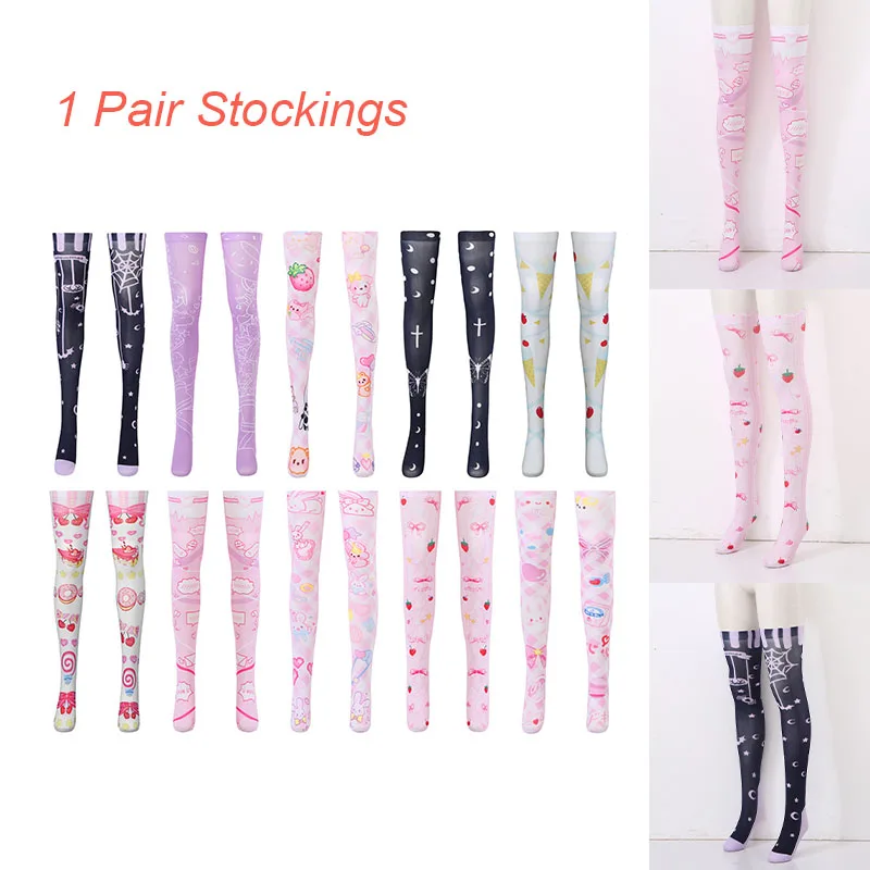 

1 Pair Women Girls Cute Print Stretch Stockings Loli Thigh High Socks Bottoming Hose Lolita Costume Accessories