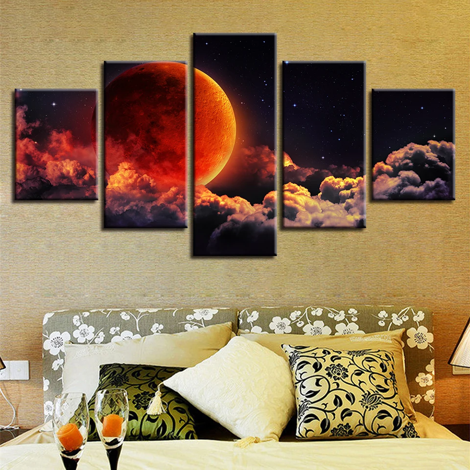 Модульная картина декор из 5 частей без рамки HD Печать красно-зеленые планета и