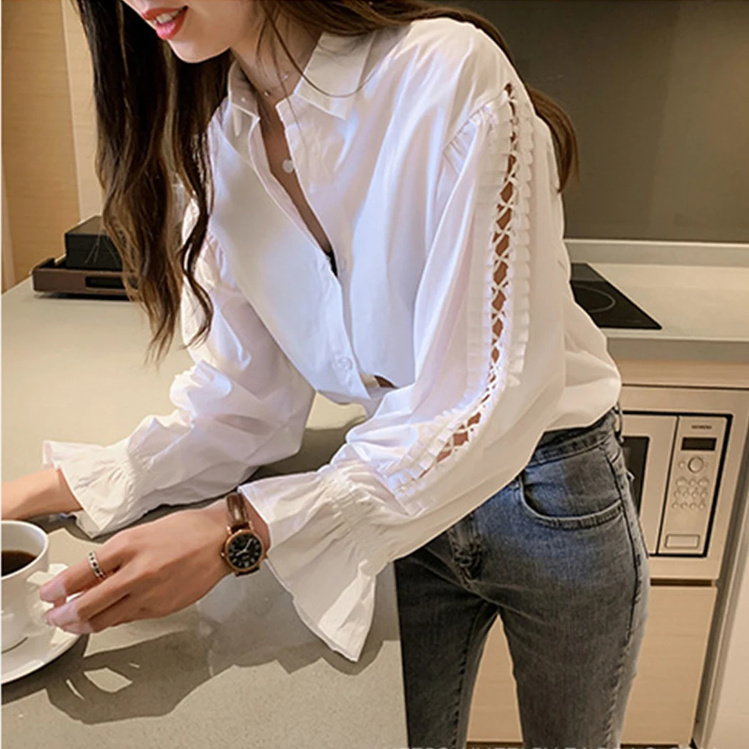 Plus Size 4XL Office Ladies New Fashion Lantrern Sleeve White Shirts Korean Style Loose V-Neck Outdoor Hollow Out Blouses | Женская