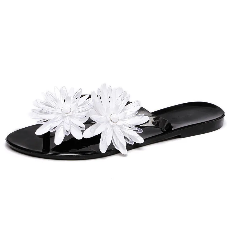 

2021 summer new style Korean flower ladies student beach slippers jelly fashion flat heel flops camellia flip flops