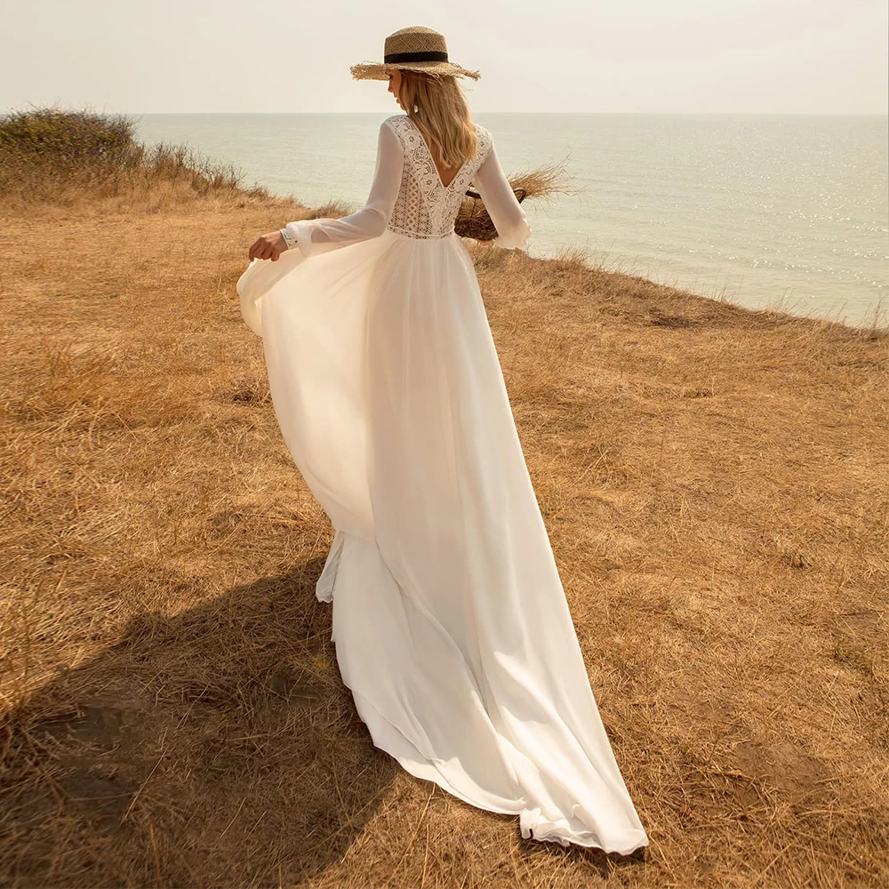 

Elegant Chiffon Long Sleeve Wedding Dresses 2021 Boho V-neck Lace Applique Sweep Train A line Bridal Gowns Vestido de Novia