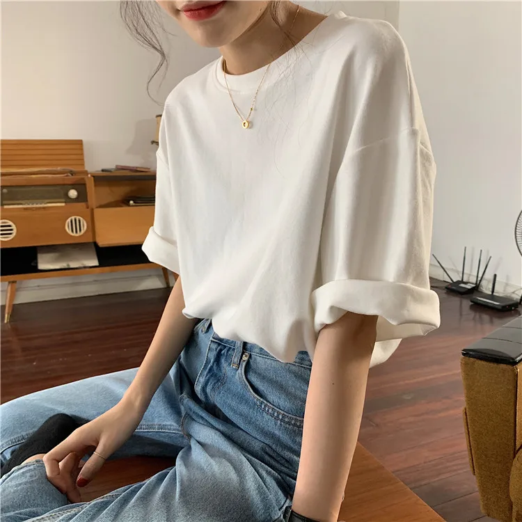 

YTX282 New trendy spring and summer Korean casual sanding loose loose wild round neck short sleeve T-shirt women