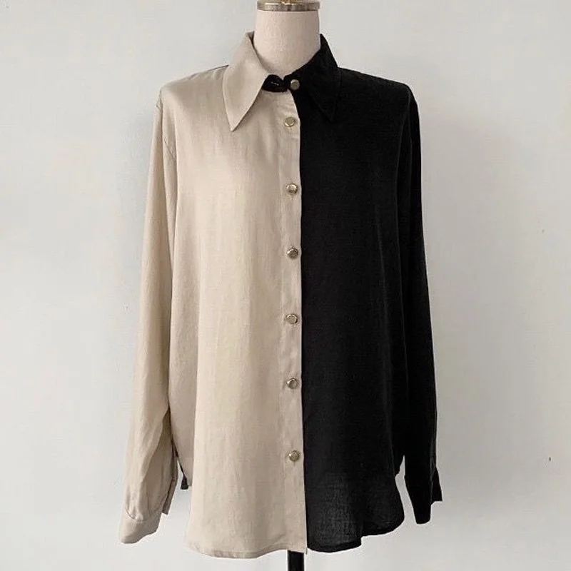 

2021 Vintage Korean Fashion Elegant Blouse Women Office Patchwork Button Up Shirt Long Sleeve Loose Casual Solid Clothes