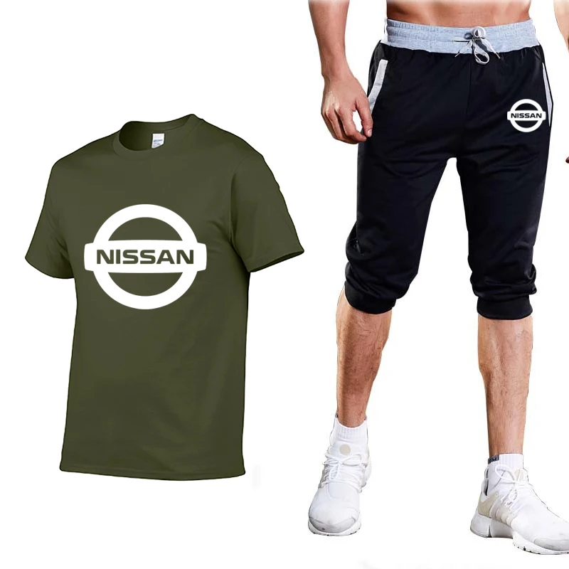 

2020 New Man T Shirts Wild Nissan Car Logo Print Cotton Casual Loose Comfortable Short Sleeve Hedging Men T-shirt + Pants Suit