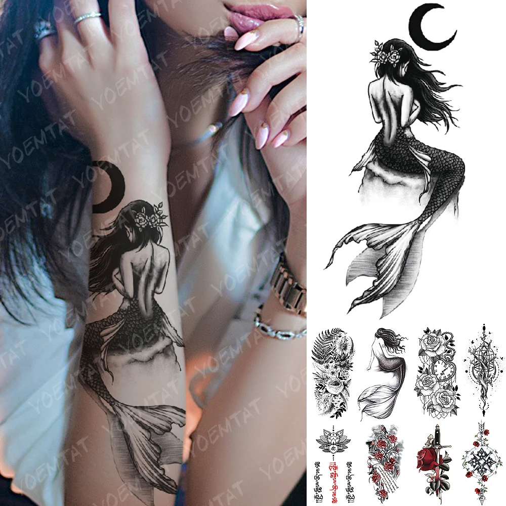 

Водостойкая Временная тату-наклейка, луна, море, Русалка, флэш-тату, цветы, Череп, мандала, боди-арт, искусственная татуировка на руку для жен...