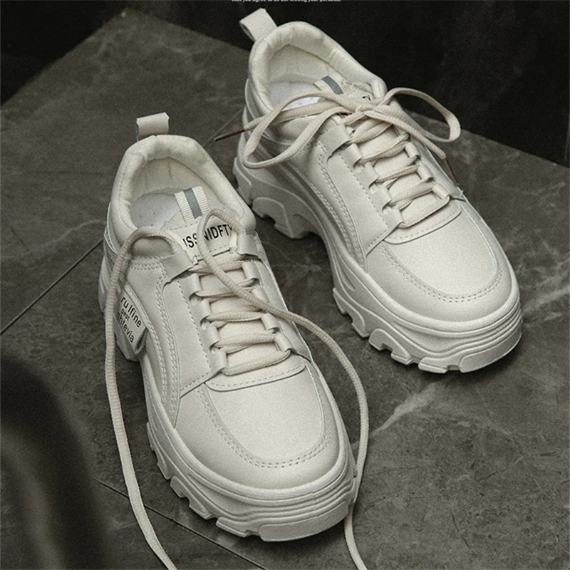 

2021 New Spring Fashion Women's Shoes White Platform Casual Sneakers Women Breathable Lace Up Vulcanized Shoes Female Beige 40