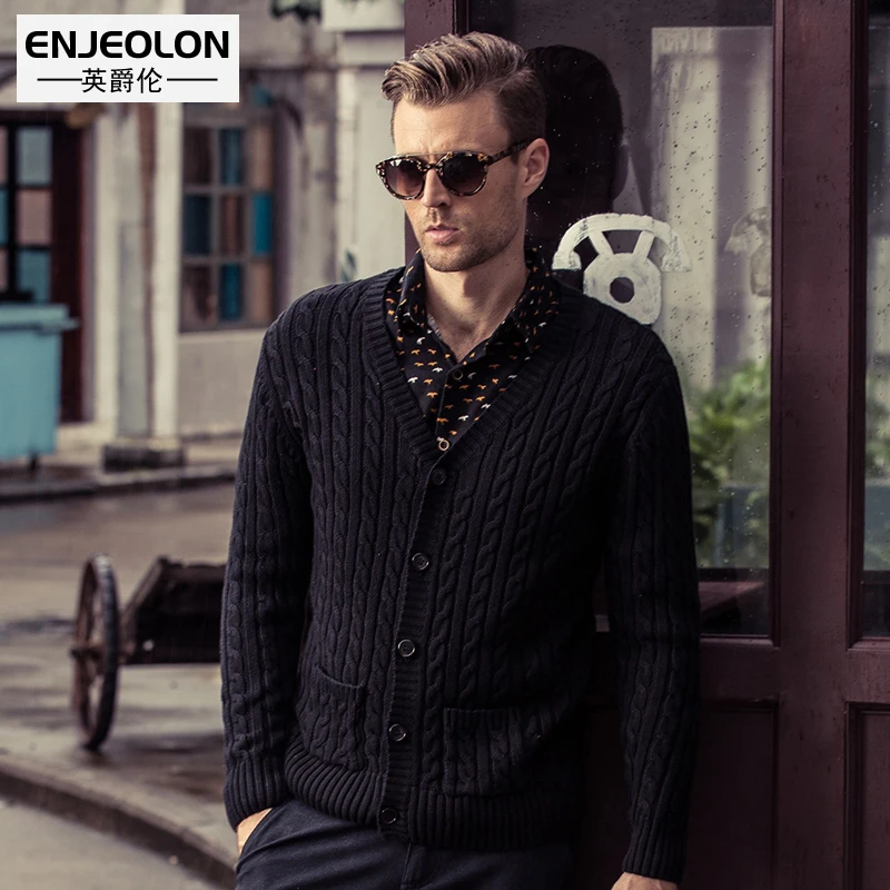 Бренд Enjeolon, топ, Осень-зима, теплый вязаный пуловер, свитер для мужчин, 100 хлопок, пуловер с круглым вырезом, мужской свитер MY3227 - Цвет: M2003 Black