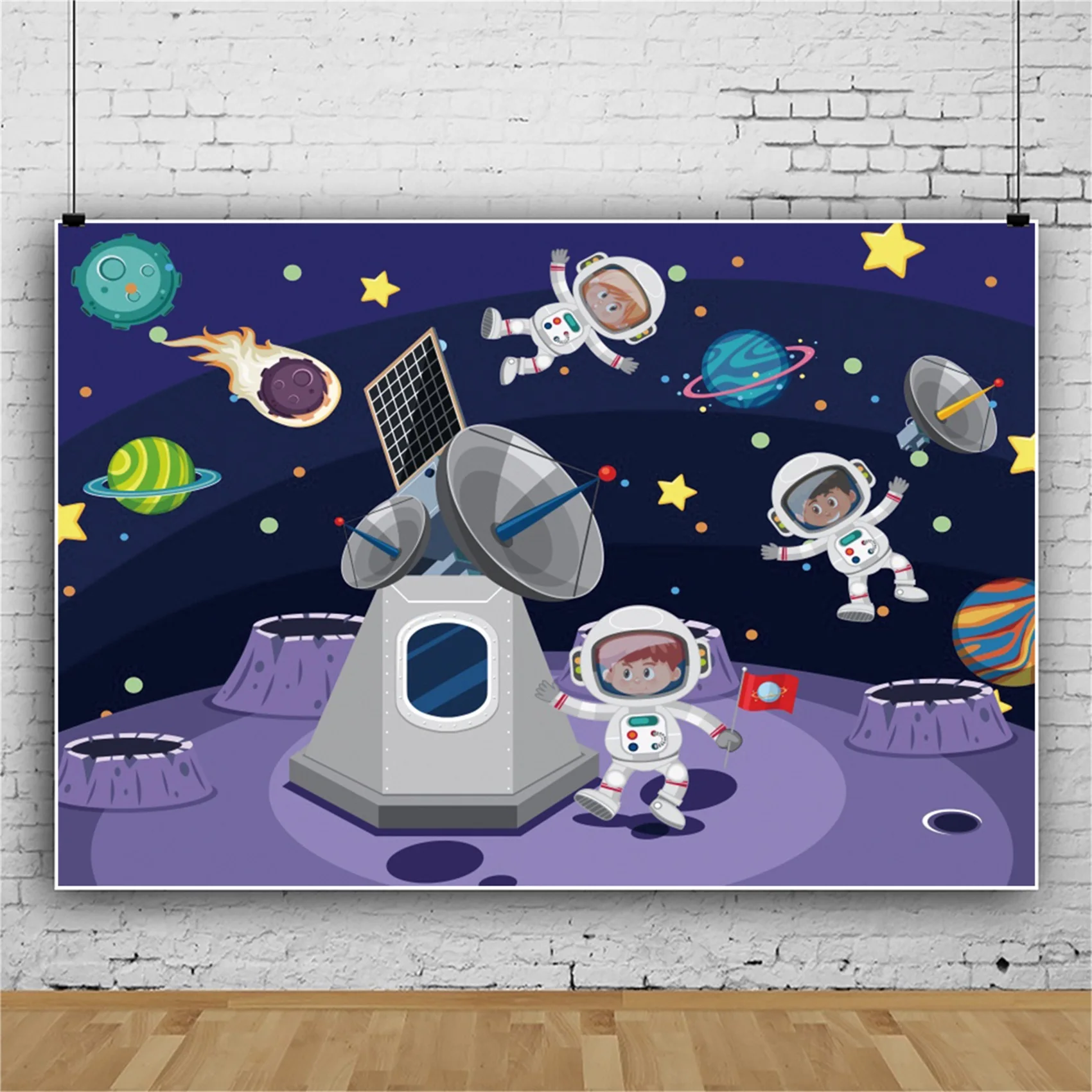 

Laeacco Baby Cartoon Spaceship Astronaut Planet Customized Birthday Party Photozone Photo Background Photographic Backdrops