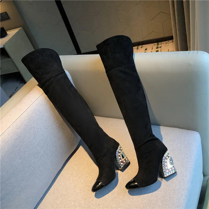 Gold Over The Knee Boots Brand New European And American Ladies Banquet Party Thigh High Heels Rhinestone Metal Decorative Boots