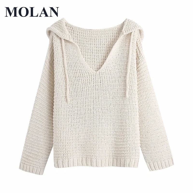 

MOLAN Loose Woman Sweater With Drawstring Fashion Za Soft Touch Vintage Long Sleeve Hoddied Knitted Sweaters Female Chic Tops