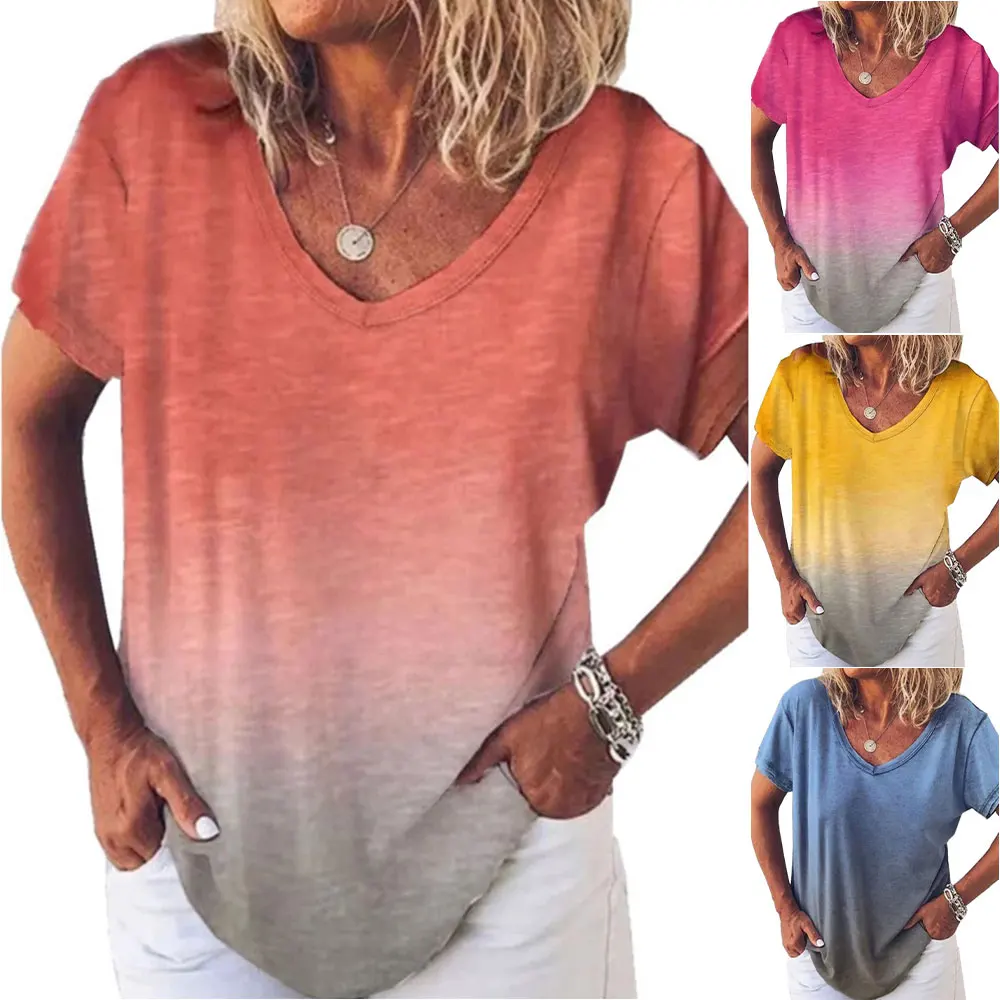 

Женская свободная футболка в стиле кэжуал градиент Цвет с v-образным вырезом с принтом топы с короткими рукавами на каждый день модная 2021 Но...